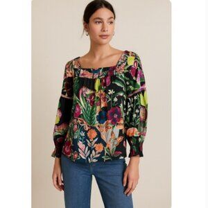Anthropologie x Lil Sire • Japanese Art Floral Blouse in Black XL